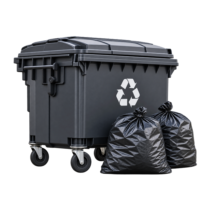 Donkergrijze rolcontainer op wielen met een gesloten deksel en een recyclingteken, met twee dichtgeknoopte zwarte vuilniszakken ernaast.