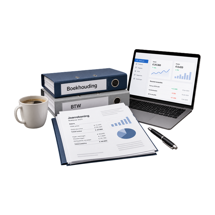 Twee ordners met het opschrift Boekhouding en BTW, een laptop met een financieel overzicht, een jaarrekening met grafieken en een kop koffie.