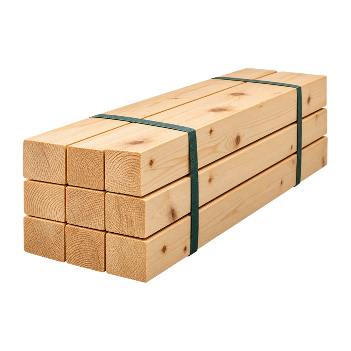 Gebundelde stapel gezaagde vurenhouten balken in drie lagen, met twee donkergroene spanbanden eromheen.