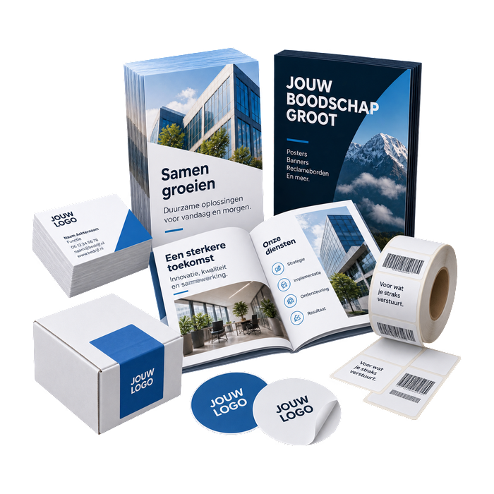 Uitgestald drukwerk: twee brochures, een hardcover boek, een stapel visitekaartjes, een rol stickers en twee bedrukte doosjes.