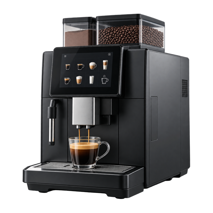 Zwarte koffiemachine met een aanraakscherm, twee doorzichtige bonenreservoirs en een glazen kopje espresso onder de uitloop.