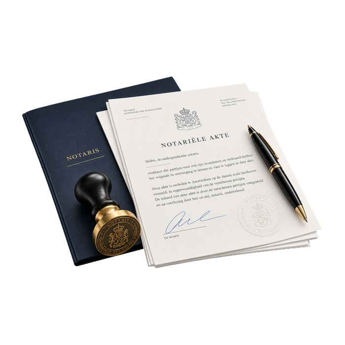 Notariële akte op crèmekleurig papier over een donkerblauw notarisboek, met een gouden zegelstempel en een vulpen ernaast.