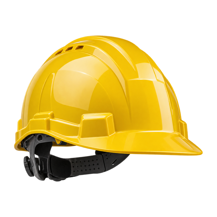 Glanzend gele veiligheidshelm met ventilatiesleuven, een zwart verstelbaar binnenwerk en een kinband.