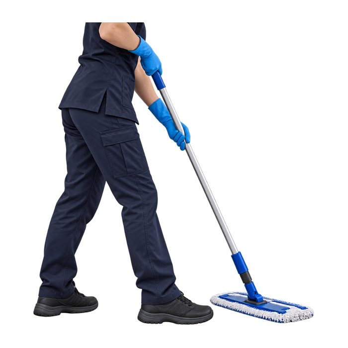 Schoonmaakmedewerker in een donkerblauw uniform met blauwe handschoenen die een vlakmop over de vloer duwt.