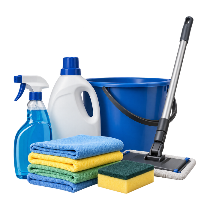Blauwe emmer met een vlakmop, een sprayflacon met blauw reinigingsmiddel, een witte fles allesreiniger, een stapel microvezeldoeken en een schuurspons.