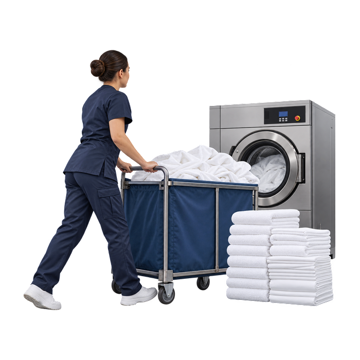 Medewerker in een donkerblauw uniform die een linnenwagen met wasgoed voortduwt, naast een industriële wasmachine en een stapel opgevouwen witte handdoeken.